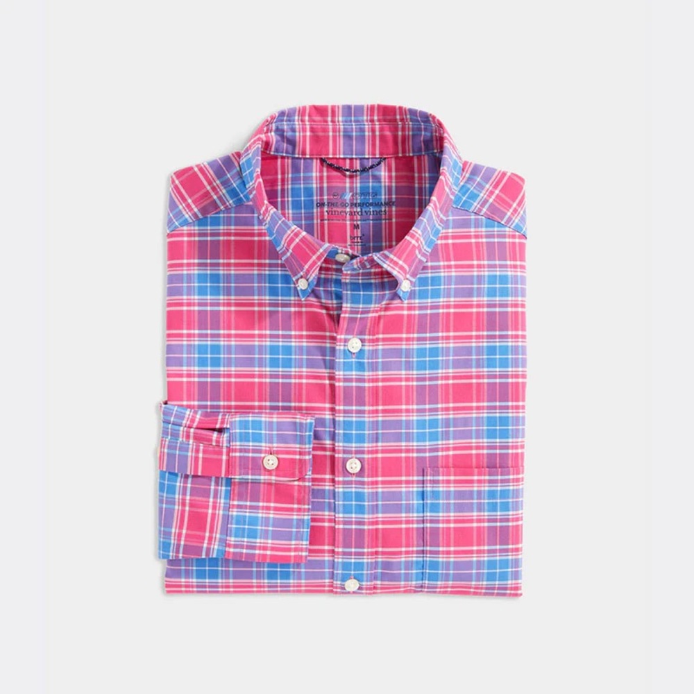NWTO Vineyard Vines Classic Fit Plaid OTG Brrr Shirt - Knockout Pink